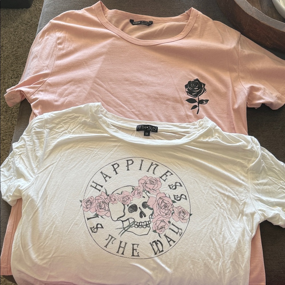 Fifth Sun Kids Pink and White Skull Rose Tees